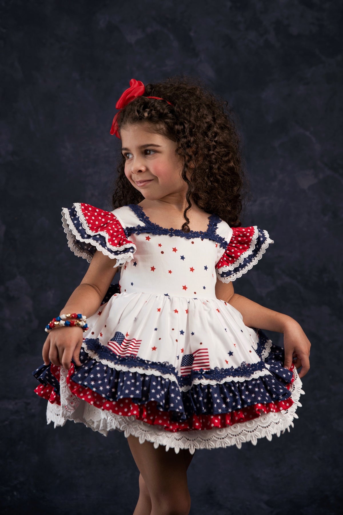 América, The Beautiful – Patriotic Print Vintage Inspired Cotton Boutique Girls Dress | Lace Crochet 4th of July Heirloom Style