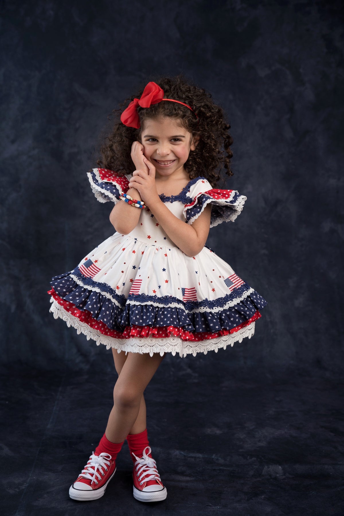 América, The Beautiful – Patriotic Print Vintage Inspired Cotton Boutique Girls Dress | Lace Crochet 4th of July Heirloom Style