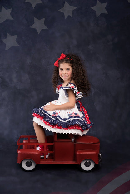 América, The Beautiful – Patriotic Print Vintage Inspired Cotton Boutique Girls Dress | Lace Crochet 4th of July Heirloom Style