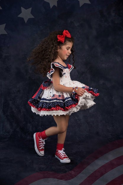 América, The Beautiful – Patriotic Print Vintage Inspired Cotton Boutique Girls Dress | Lace Crochet 4th of July Heirloom Style