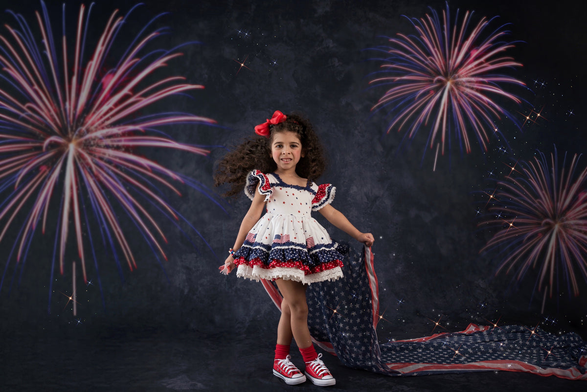 América, The Beautiful – Patriotic Print Vintage Inspired Cotton Boutique Girls Dress | Lace Crochet 4th of July Heirloom Style