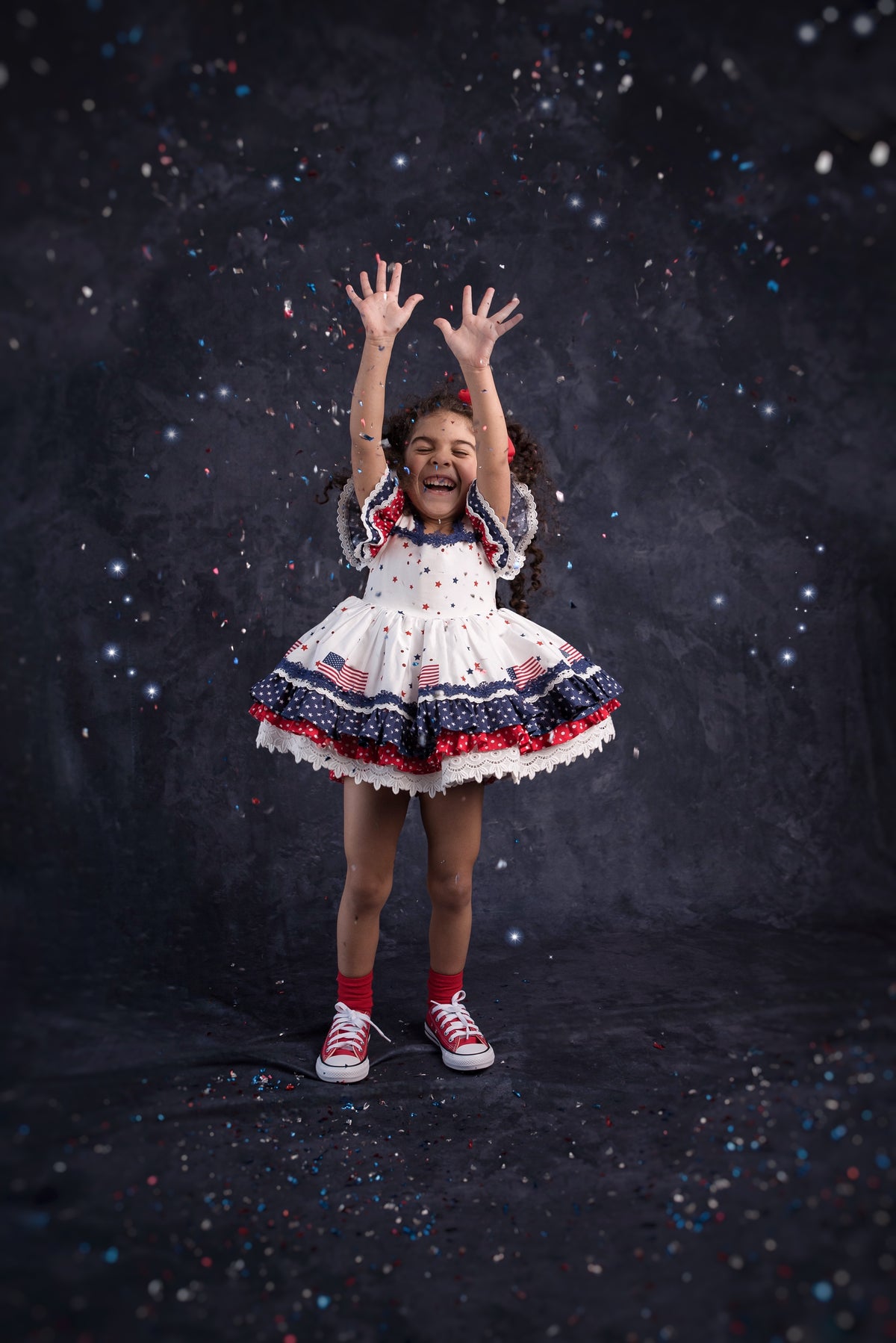 América, The Beautiful – Patriotic Print Vintage Inspired Cotton Boutique Girls Dress | Lace Crochet 4th of July Heirloom Style