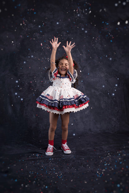 América, The Beautiful – Patriotic Print Vintage Inspired Cotton Boutique Girls Dress | Lace Crochet 4th of July Heirloom Style