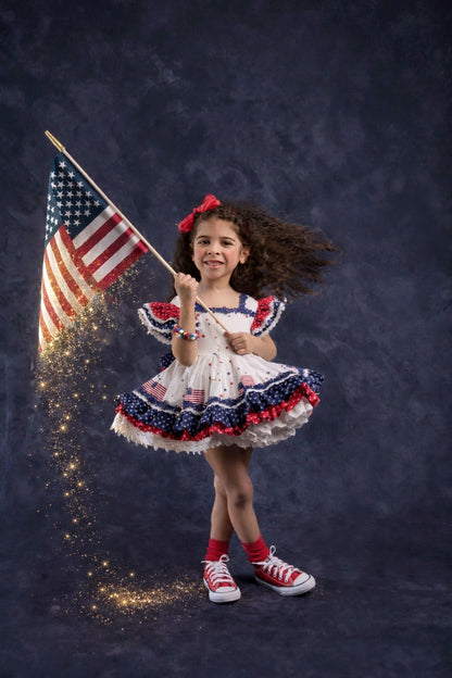 América, The Beautiful – Patriotic Print Vintage Inspired Cotton Boutique Girls Dress | Lace Crochet 4th of July Heirloom Style