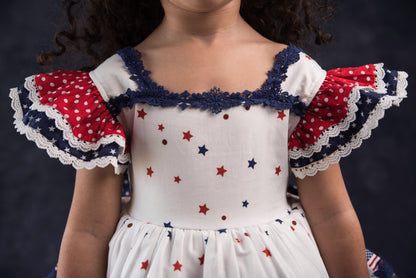 América, The Beautiful – Patriotic Print Vintage Inspired Cotton Boutique Girls Dress | Lace Crochet 4th of July Heirloom Style