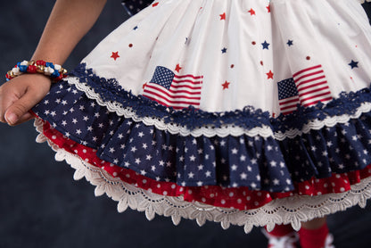 América, The Beautiful – Patriotic Print Vintage Inspired Cotton Boutique Girls Dress | Lace Crochet 4th of July Heirloom Style
