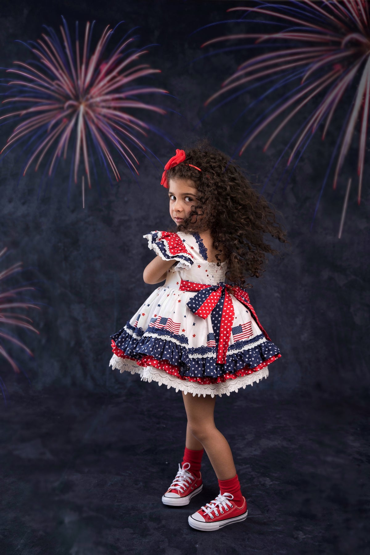 América, The Beautiful – Patriotic Print Vintage Inspired Cotton Boutique Girls Dress | Lace Crochet 4th of July Heirloom Style