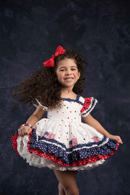 América, The Beautiful – Patriotic Print Vintage Inspired Cotton Boutique Girls Dress | Lace Crochet 4th of July Heirloom Style