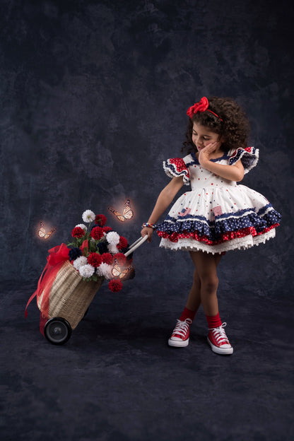 América, The Beautiful – Patriotic Print Vintage Inspired Cotton Boutique Girls Dress | Lace Crochet 4th of July Heirloom Style