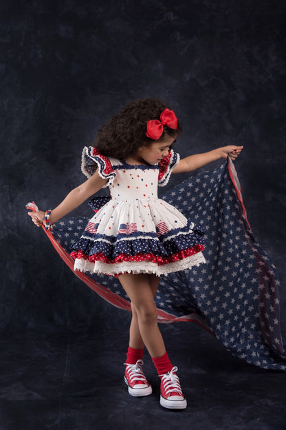 América, The Beautiful – Patriotic Print Vintage Inspired Cotton Boutique Girls Dress | Lace Crochet 4th of July Heirloom Style