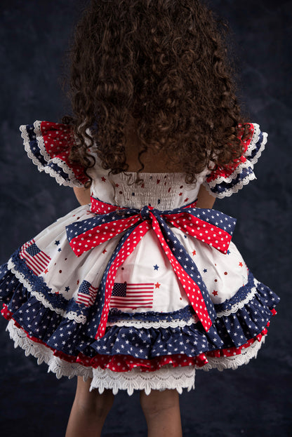 América, The Beautiful – Patriotic Print Vintage Inspired Cotton Boutique Girls Dress | Lace Crochet 4th of July Heirloom Style