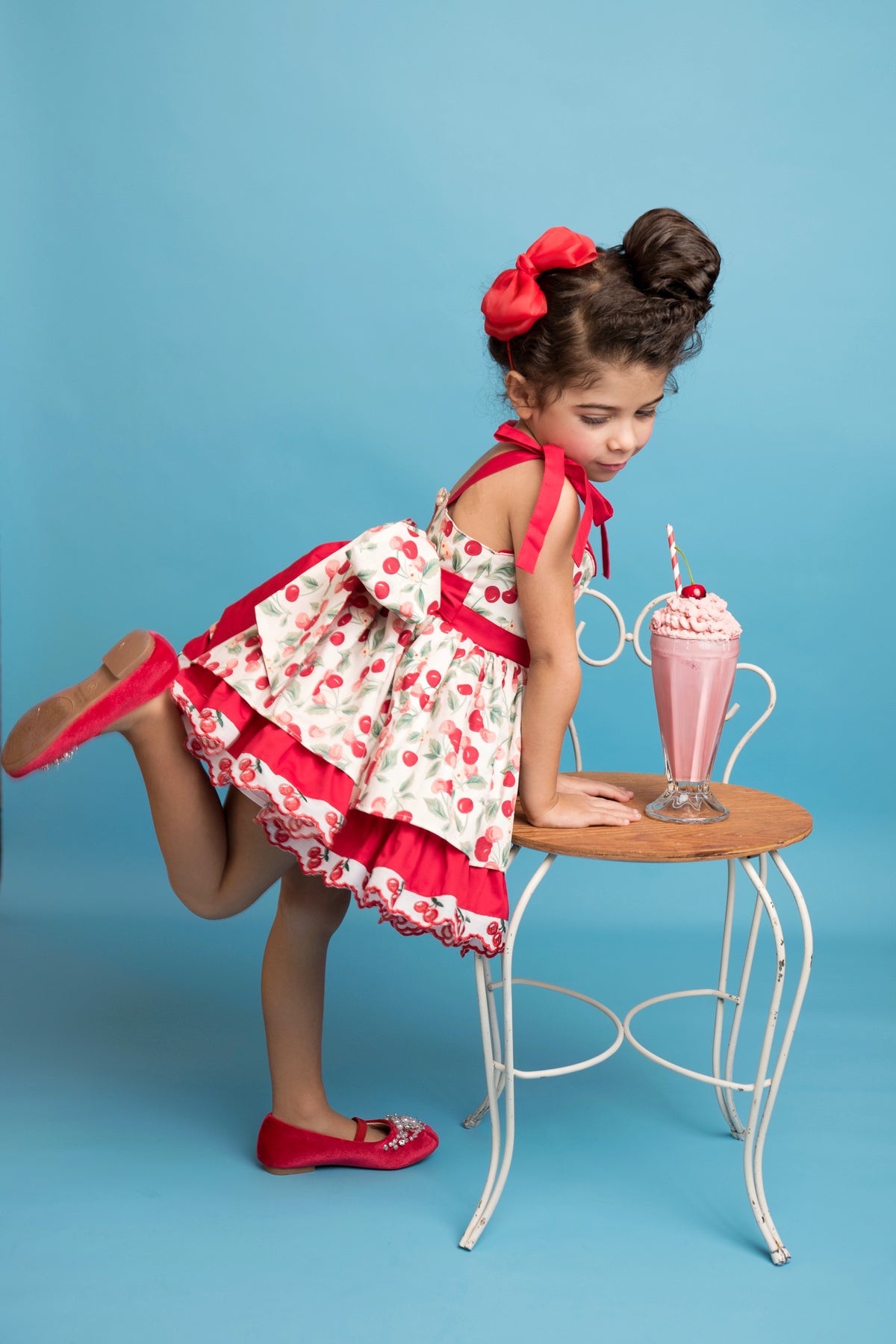 Miss Cherry Dress – Vintage Inspired Cotton Boutique Girls Dress | Cherry Print Ruffle Lace Heirloom Style