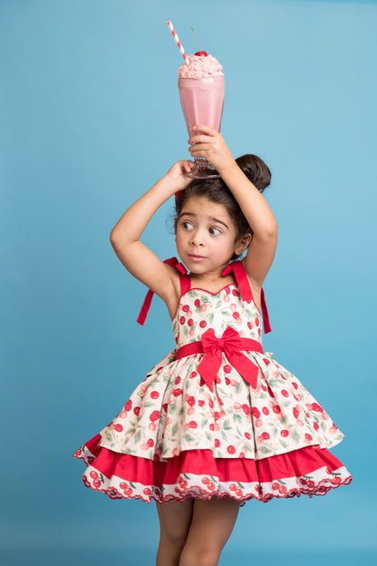 Miss Cherry Dress – Vintage Inspired Cotton Boutique Girls Dress | Cherry Print Ruffle Lace Heirloom Style