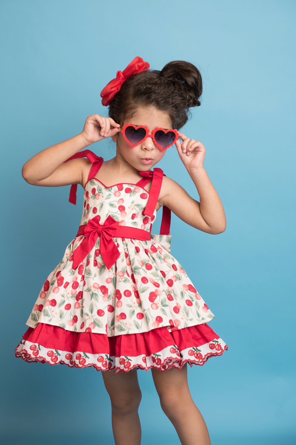 Miss Cherry Dress – Vintage Inspired Cotton Boutique Girls Dress | Cherry Print Ruffle Lace Heirloom Style