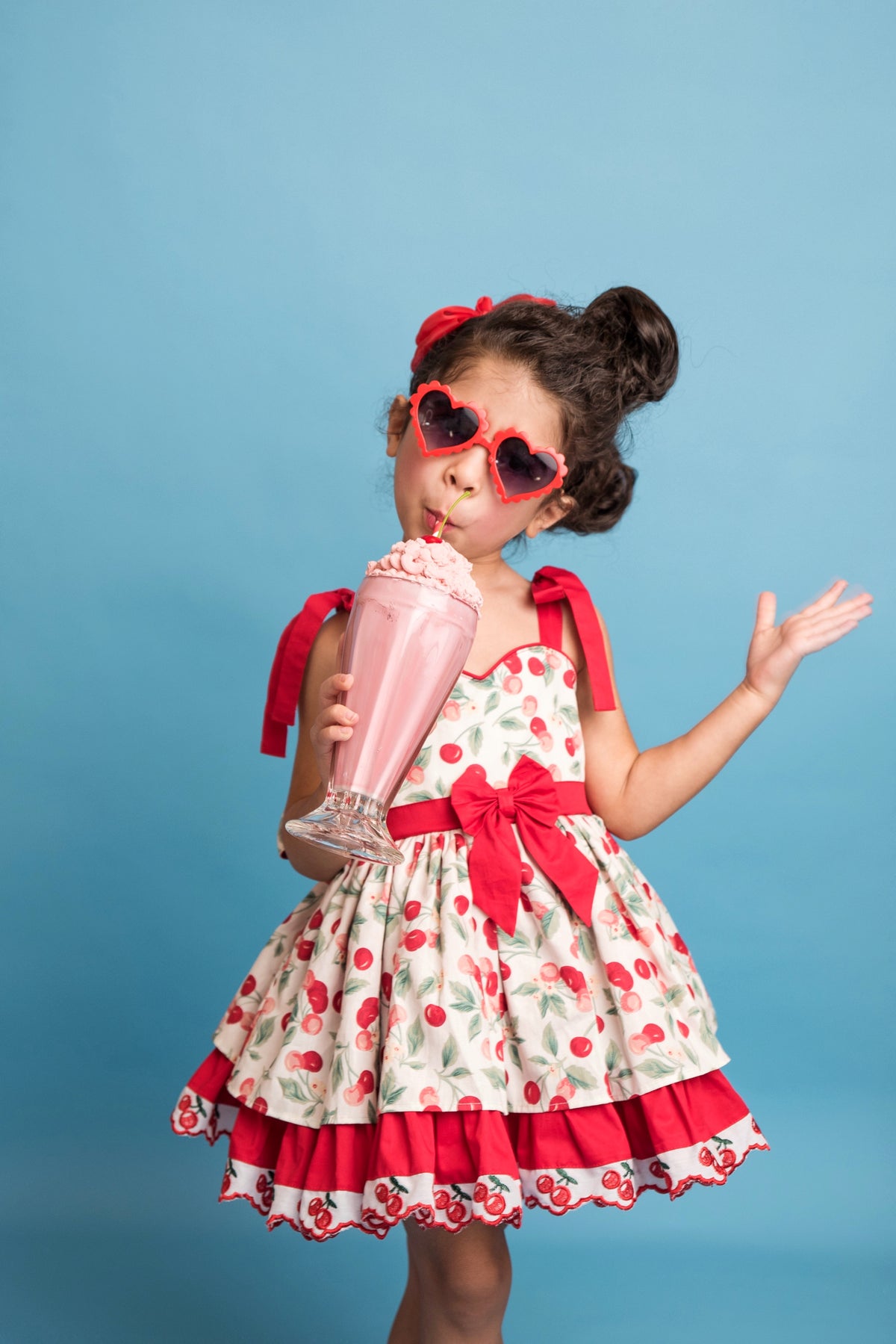 Miss Cherry Dress – Vintage Inspired Cotton Boutique Girls Dress | Cherry Print Ruffle Lace Heirloom Style