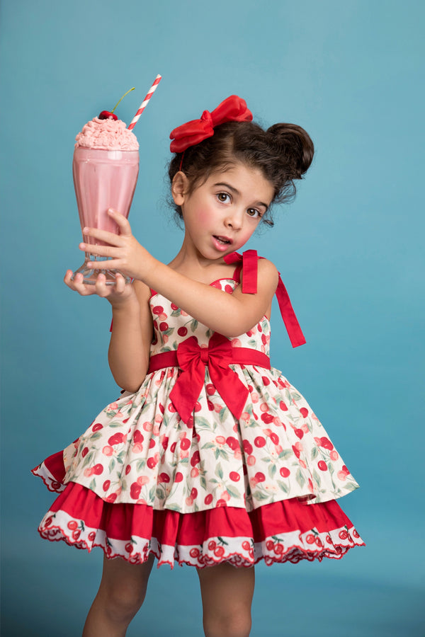 Miss Cherry Dress – Vintage Inspired Cotton Boutique Girls Dress | Cherry Print Ruffle Lace Heirloom Style