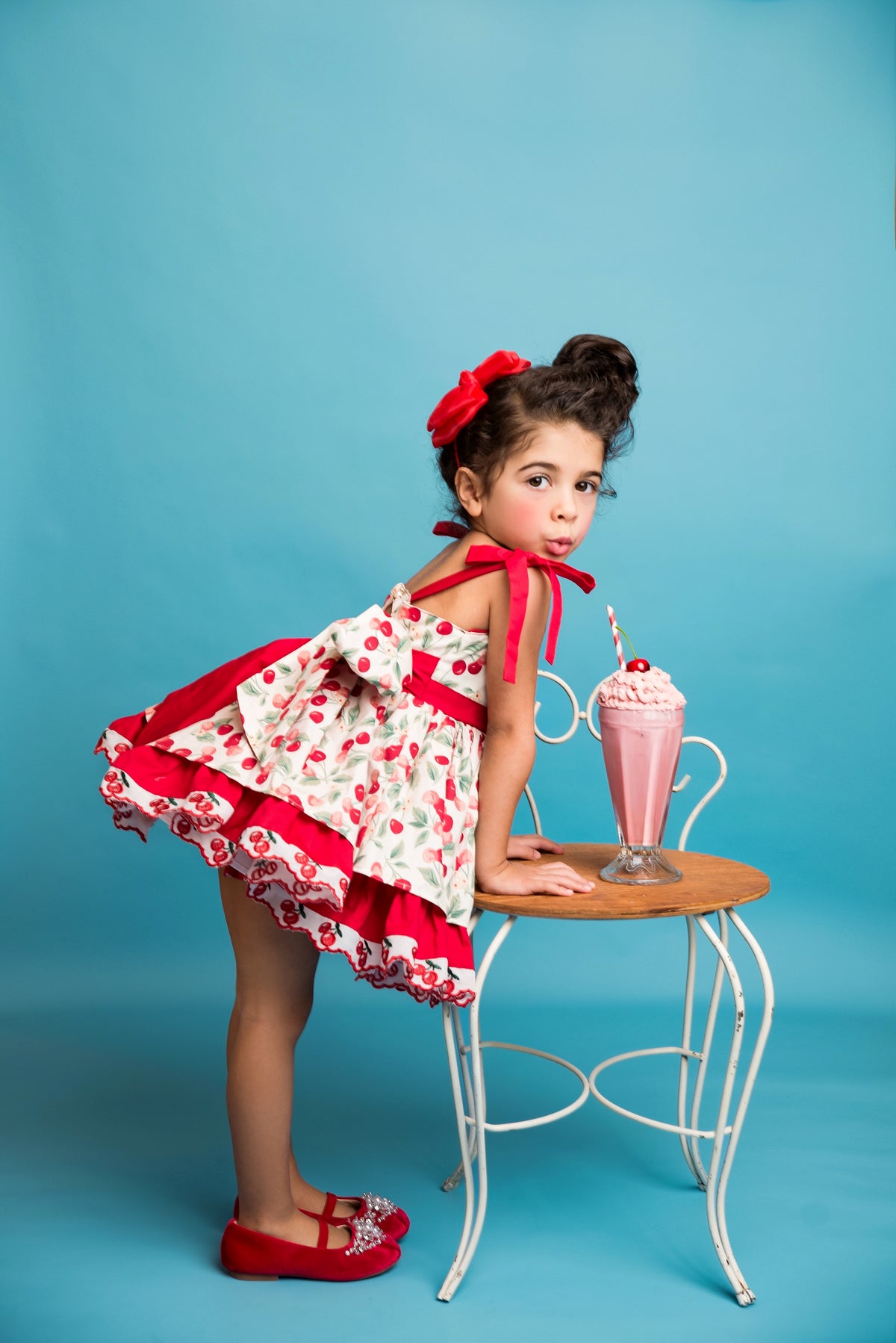 Miss Cherry Dress – Vintage Inspired Cotton Boutique Girls Dress | Cherry Print Ruffle Lace Heirloom Style