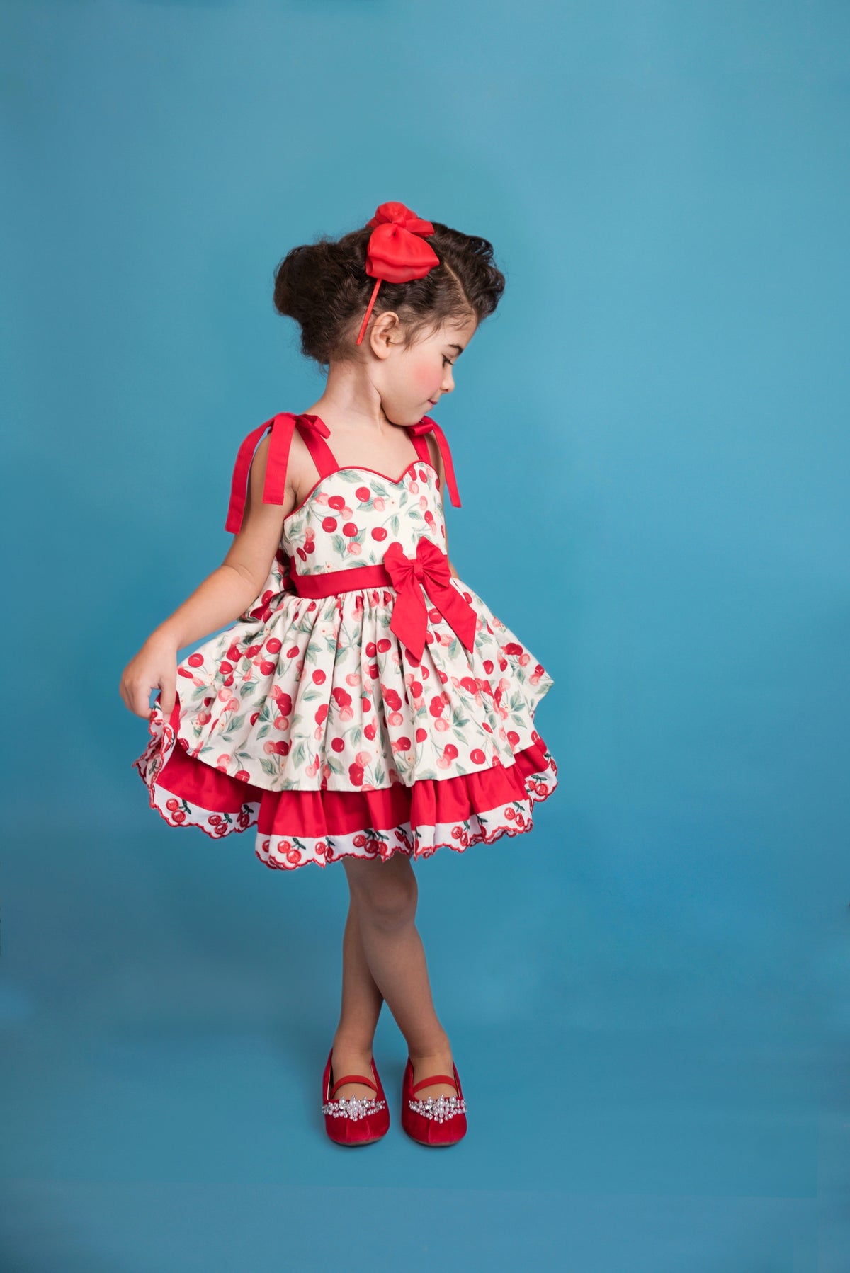 Miss Cherry Dress – Vintage Inspired Cotton Boutique Girls Dress | Cherry Print Ruffle Lace Heirloom Style