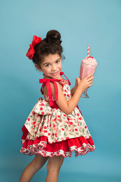 Miss Cherry Dress – Vintage Inspired Cotton Boutique Girls Dress | Cherry Print Ruffle Lace Heirloom Style