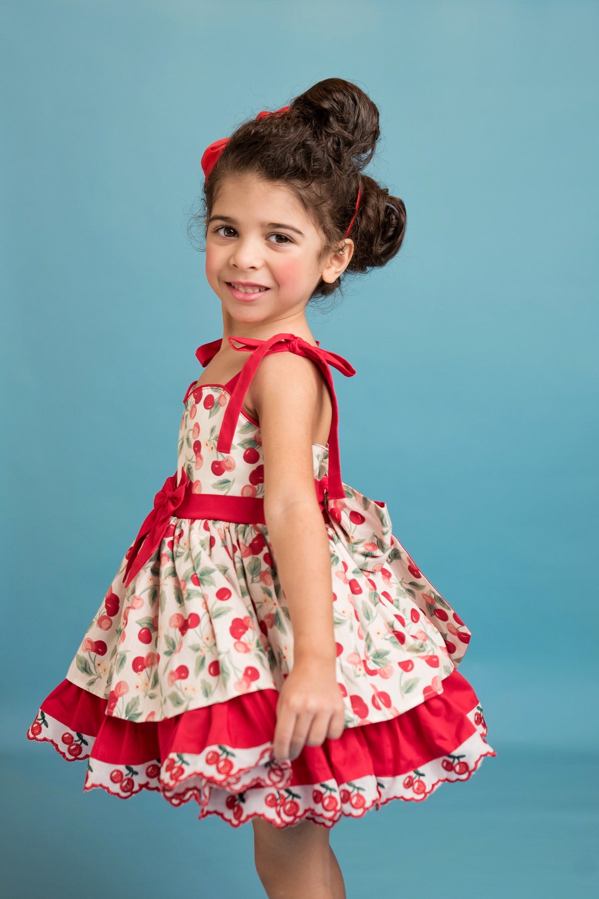 Miss Cherry Dress – Vintage Inspired Cotton Boutique Girls Dress | Cherry Print Ruffle Lace Heirloom Style