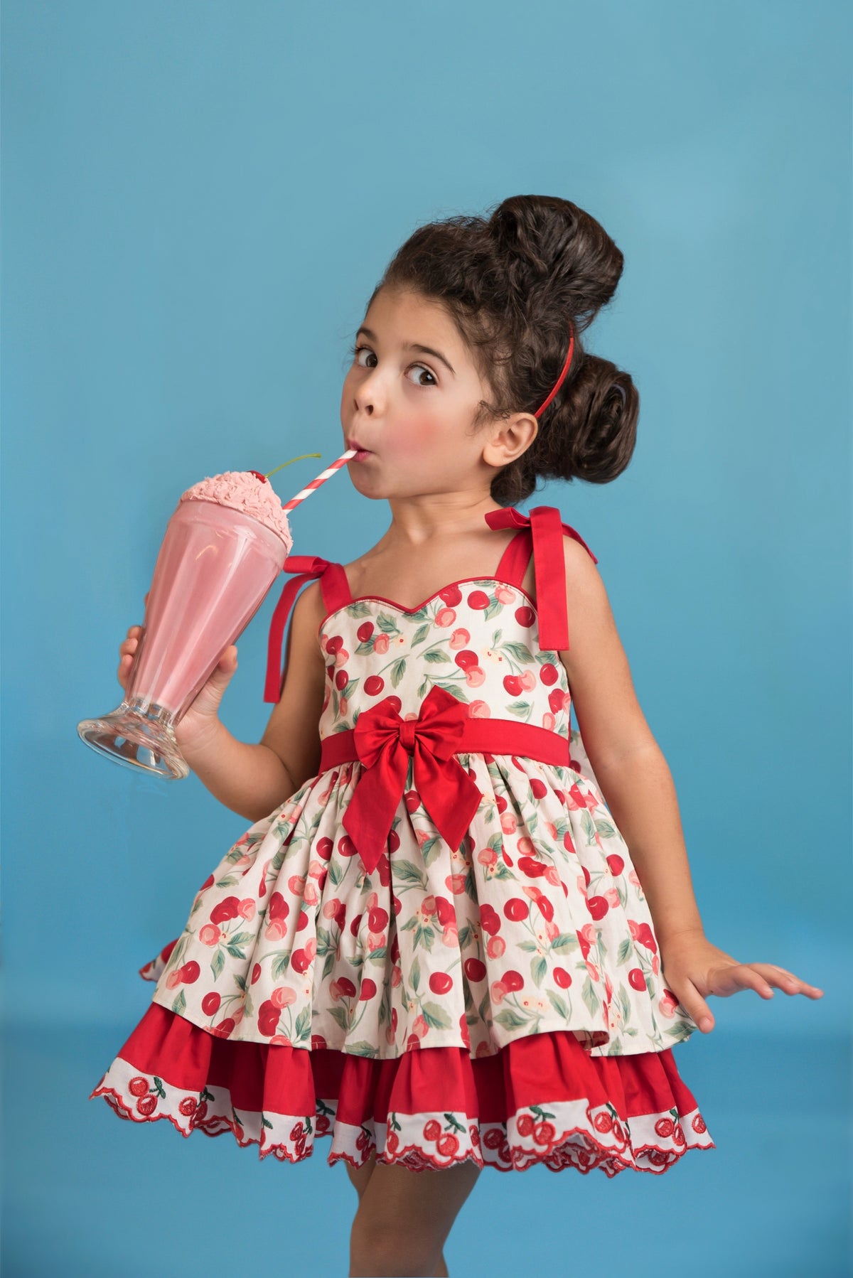 Miss Cherry Dress – Vintage Inspired Cotton Boutique Girls Dress | Cherry Print Ruffle Lace Heirloom Style