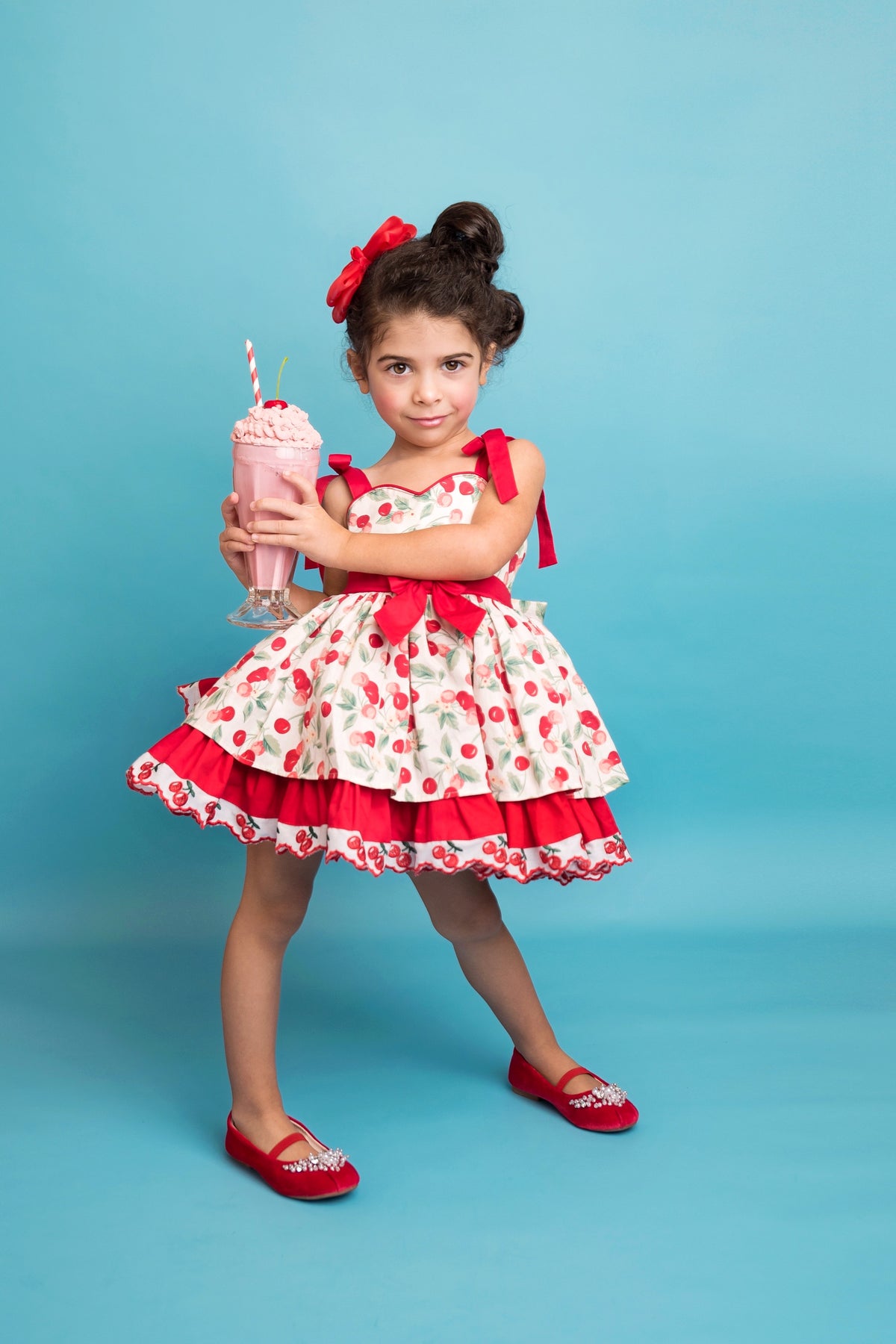 Miss Cherry Dress – Vintage Inspired Cotton Boutique Girls Dress | Cherry Print Ruffle Lace Heirloom Style