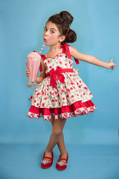 Miss Cherry Dress – Vintage Inspired Cotton Boutique Girls Dress | Cherry Print Ruffle Lace Heirloom Style