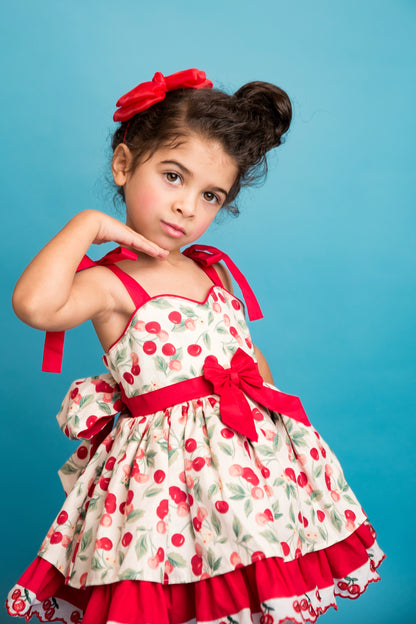 Miss Cherry Dress – Vintage Inspired Cotton Boutique Girls Dress | Cherry Print Ruffle Lace Heirloom Style