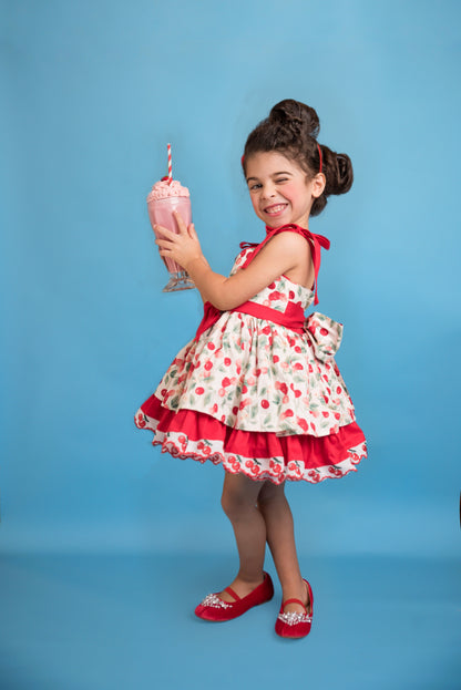 Miss Cherry Dress – Vintage Inspired Cotton Boutique Girls Dress | Cherry Print Ruffle Lace Heirloom Style