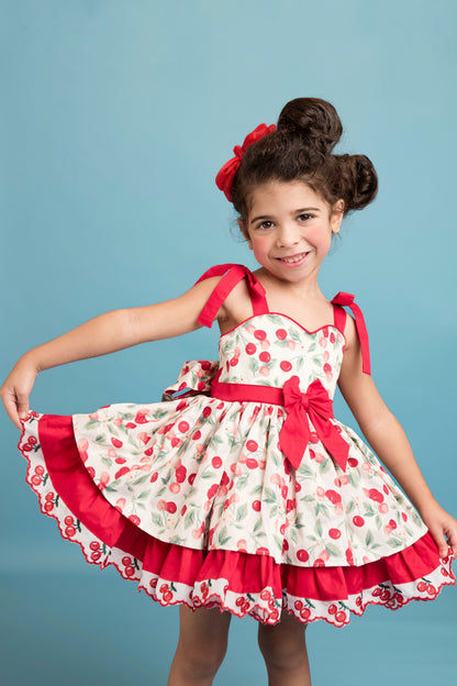 Miss Cherry Dress – Vintage Inspired Cotton Boutique Girls Dress | Cherry Print Ruffle Lace Heirloom Style