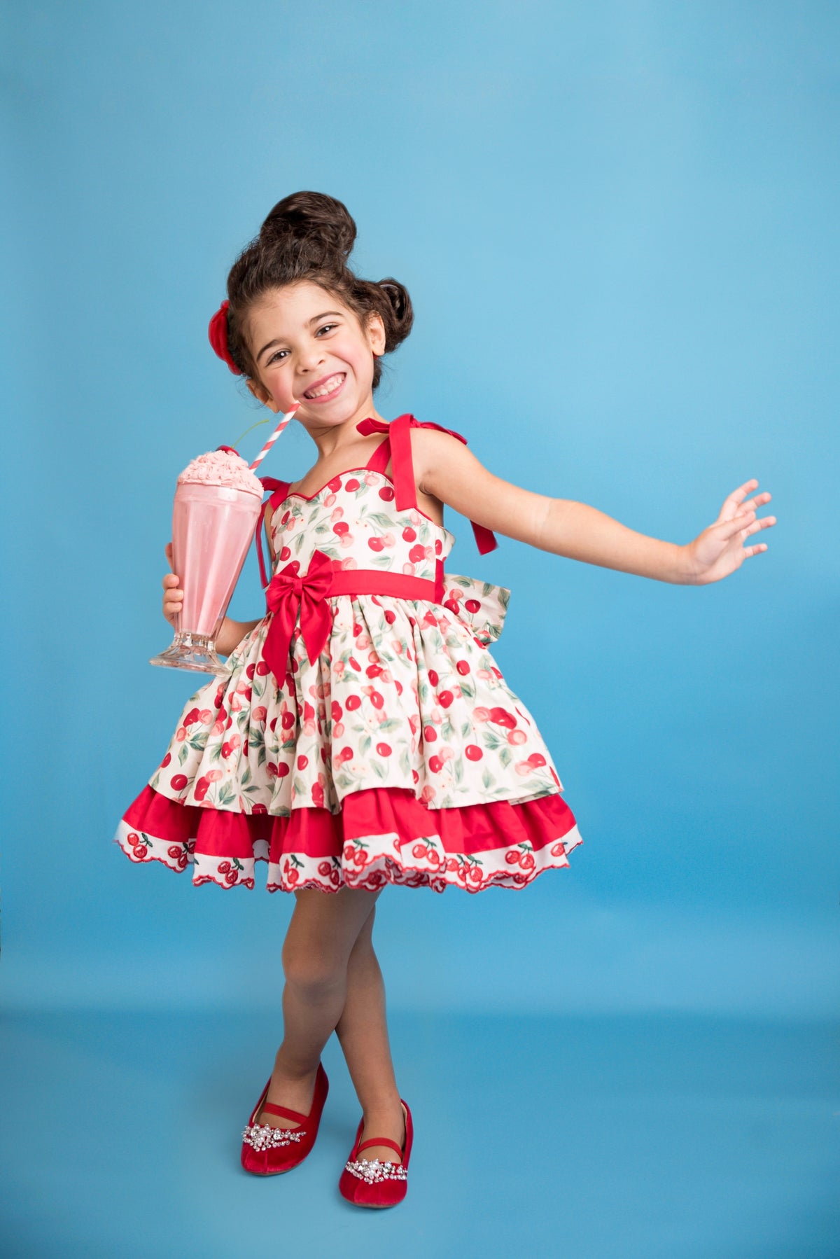 Miss Cherry Dress – Vintage Inspired Cotton Boutique Girls Dress | Cherry Print Ruffle Lace Heirloom Style