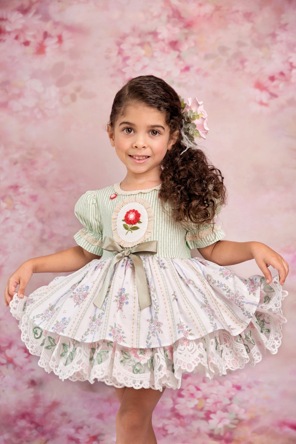 La Rose Verte Dress – Hand Embroidered Vintage Inspired Cotton Boutique Girls Dress | Lace Organza Heirloom Style