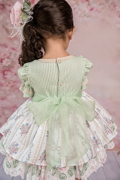 La Rose Verte Dress – Hand Embroidered Vintage Inspired Cotton Boutique Girls Dress | Lace Organza Heirloom Style