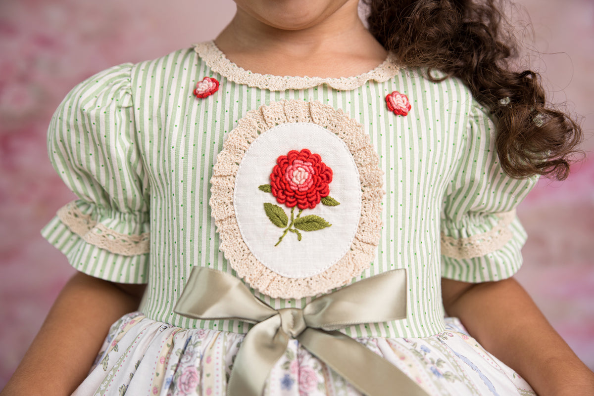 La Rose Verte Dress – Hand Embroidered Vintage Inspired Cotton Boutique Girls Dress | Lace Organza Heirloom Style