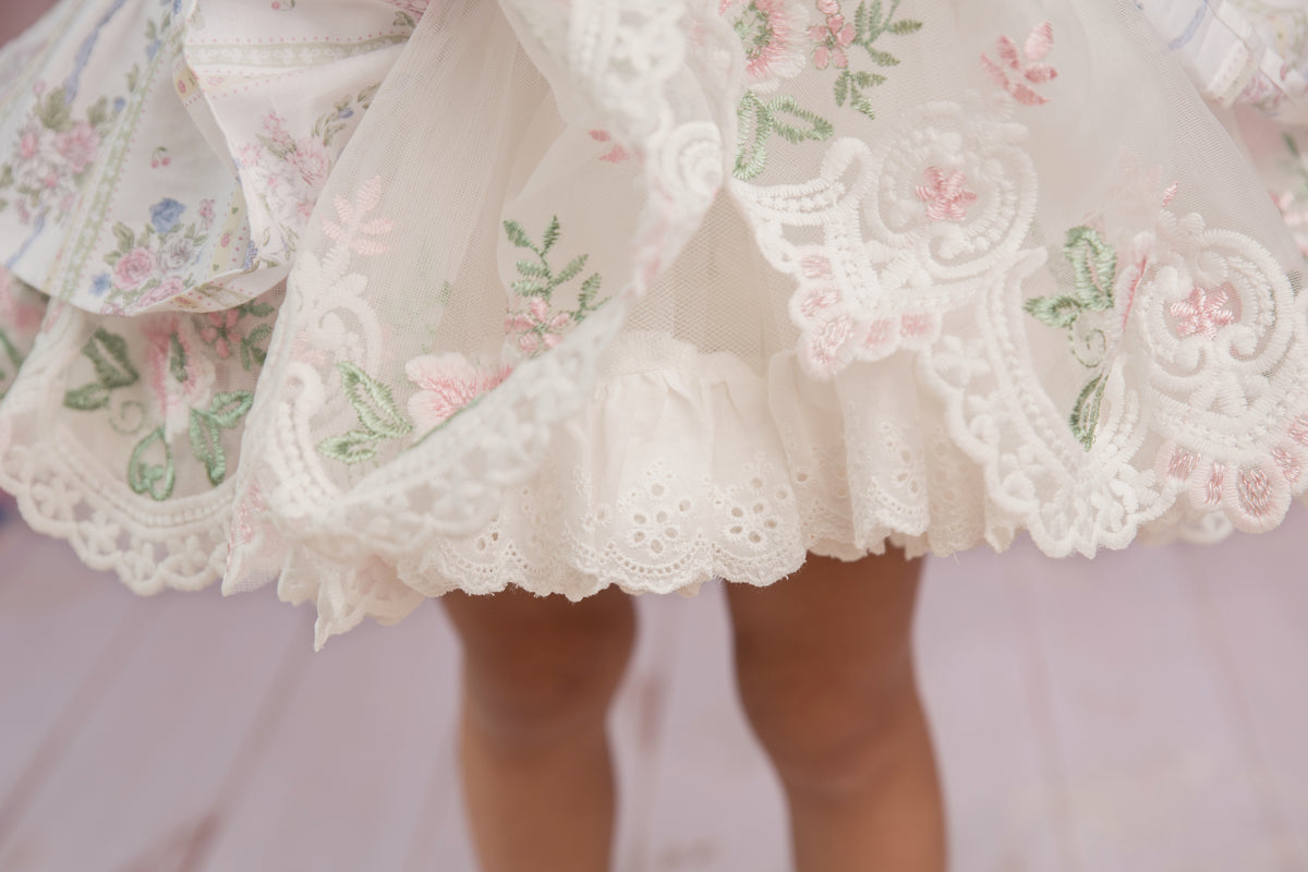 La Rose Verte Dress – Hand Embroidered Vintage Inspired Cotton Boutique Girls Dress | Lace Organza Heirloom Style
