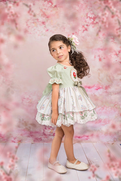 La Rose Verte Dress – Hand Embroidered Vintage Inspired Cotton Boutique Girls Dress | Lace Organza Heirloom Style