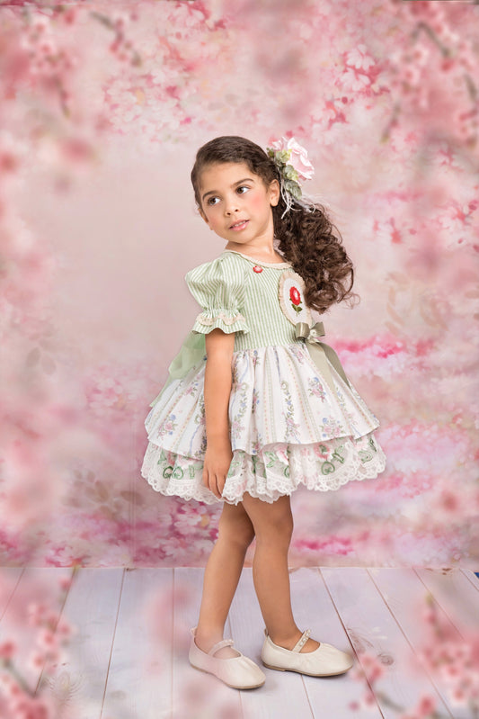 La Rose Verte Dress – Hand Embroidered Vintage Inspired Cotton Boutique Girls Dress | Lace Organza Heirloom Style