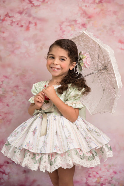 La Rose Verte Dress – Hand Embroidered Vintage Inspired Cotton Boutique Girls Dress | Lace Organza Heirloom Style