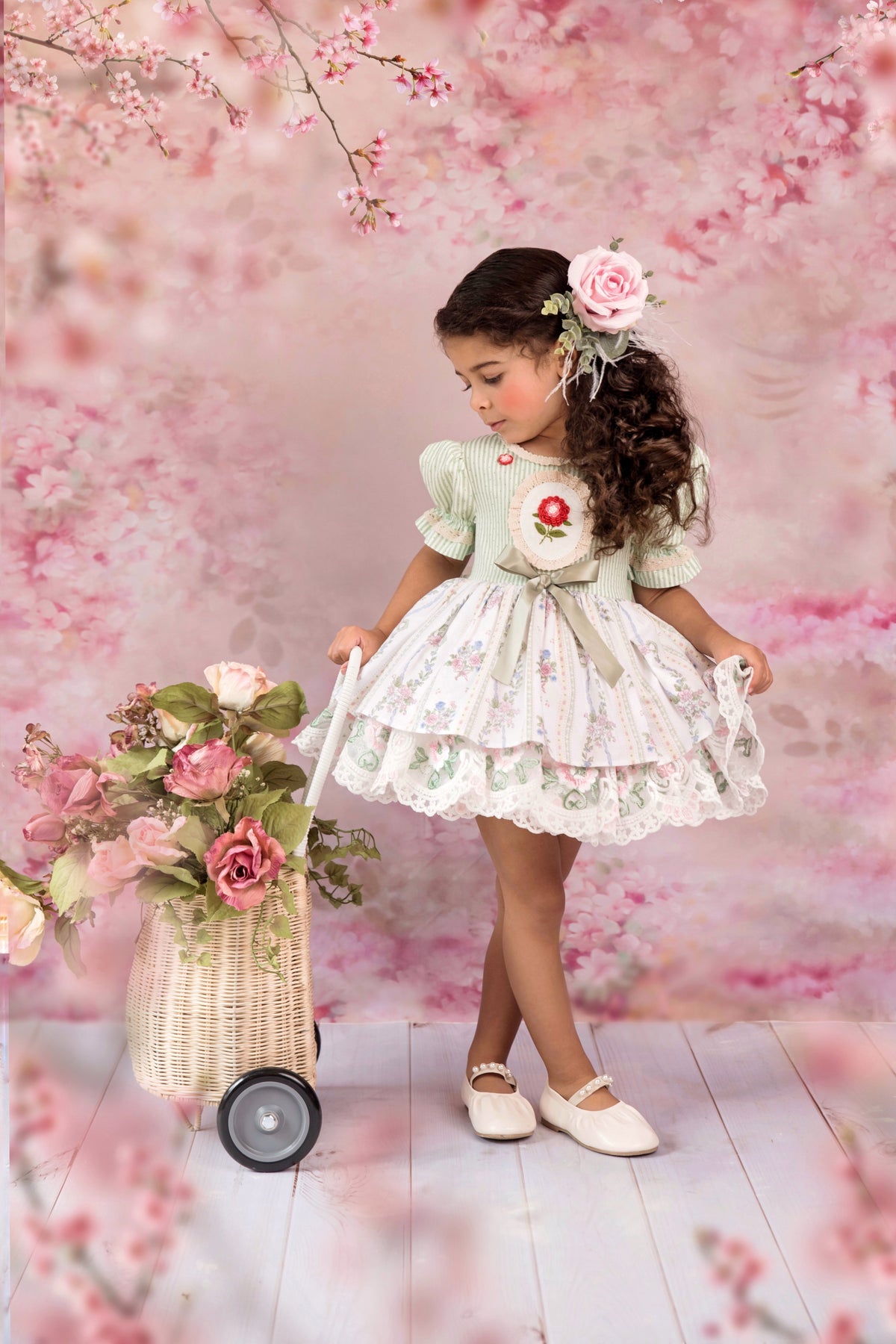 La Rose Verte Dress – Hand Embroidered Vintage Inspired Cotton Boutique Girls Dress | Lace Organza Heirloom Style