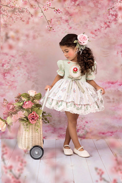 La Rose Verte Dress – Hand Embroidered Vintage Inspired Cotton Boutique Girls Dress | Lace Organza Heirloom Style