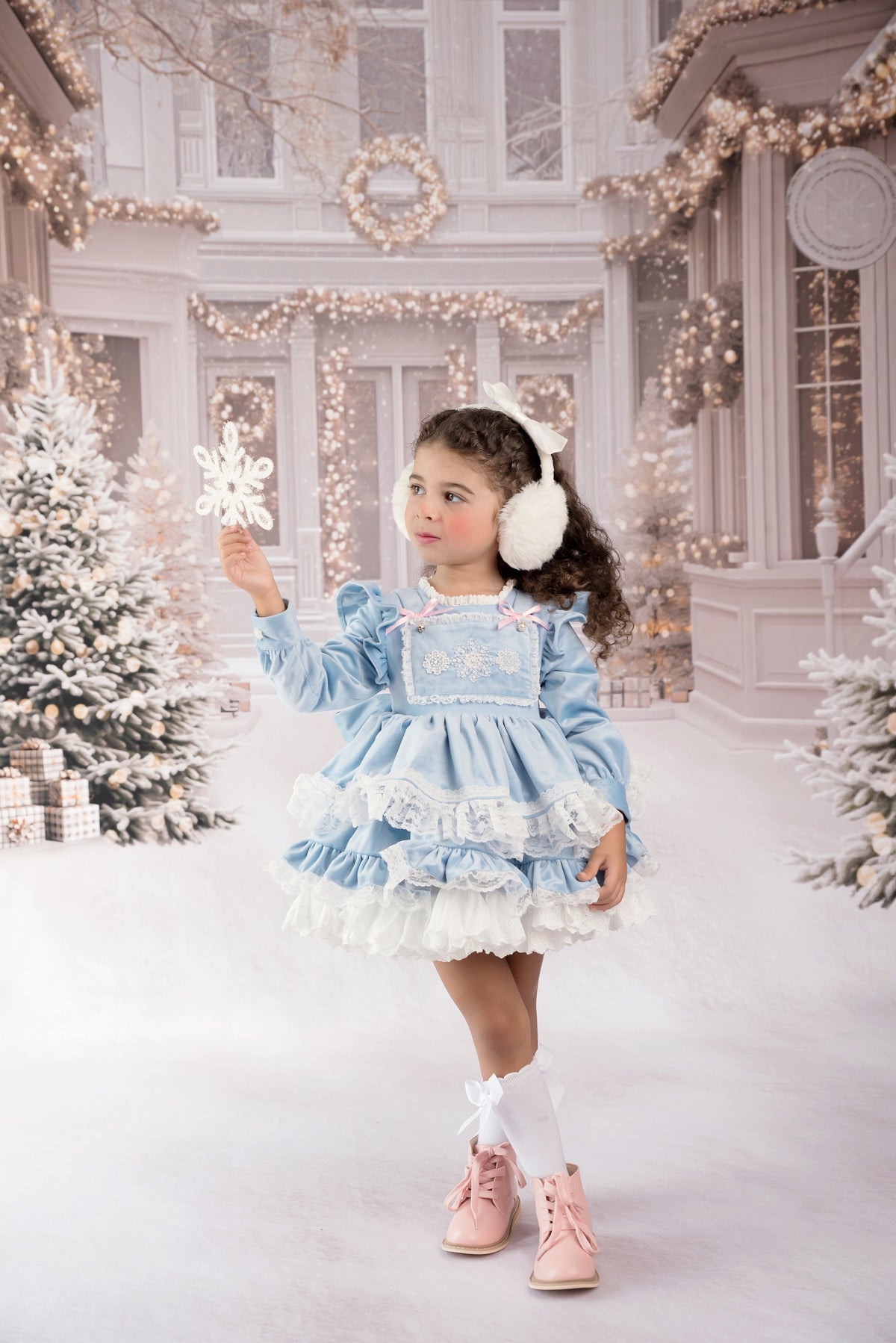 Nayeli's Winter Dreams Dress – Embroidered Boutique Girls Dress | Brushed Cotton Velvet Snowflake Lace Heirloom Style