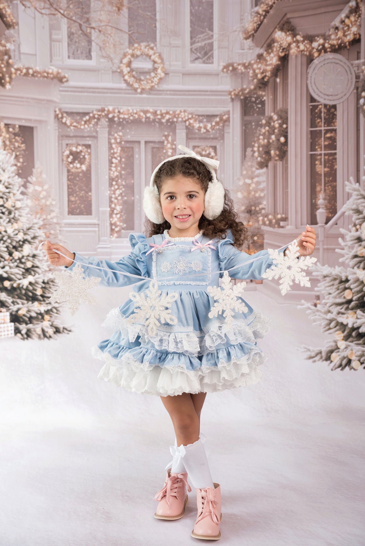 Nayeli's Winter Dreams Dress – Embroidered Boutique Girls Dress | Brushed Cotton Velvet Snowflake Lace Heirloom Style
