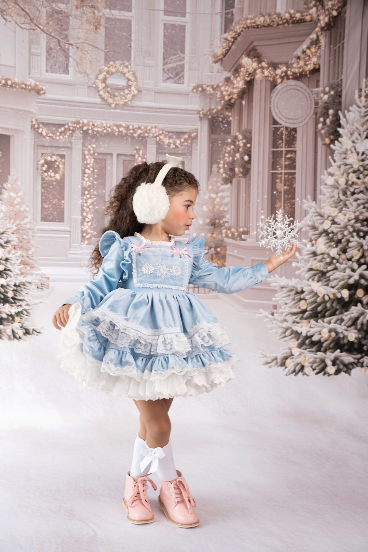 Nayeli's Winter Dreams Dress – Embroidered Boutique Girls Dress | Brushed Cotton Velvet Snowflake Lace Heirloom Style