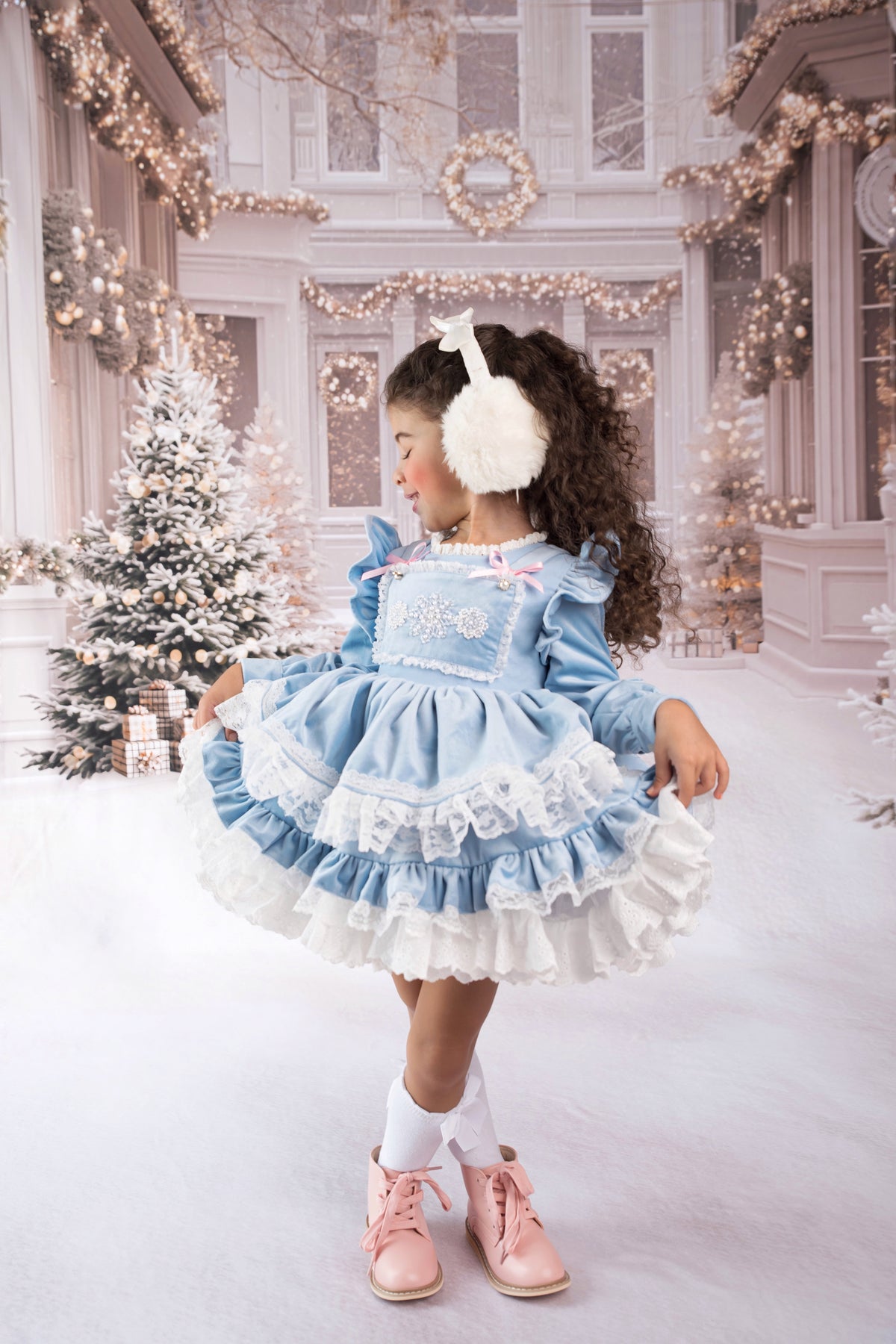 Nayeli's Winter Dreams Dress – Embroidered Boutique Girls Dress | Brushed Cotton Velvet Snowflake Lace Heirloom Style