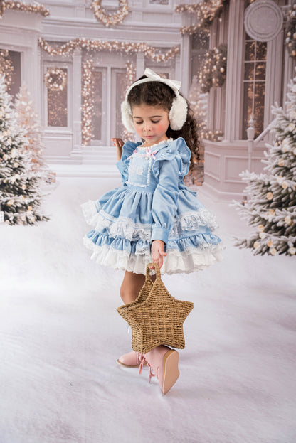 Nayeli's Winter Dreams Dress – Embroidered Boutique Girls Dress | Brushed Cotton Velvet Snowflake Lace Heirloom Style