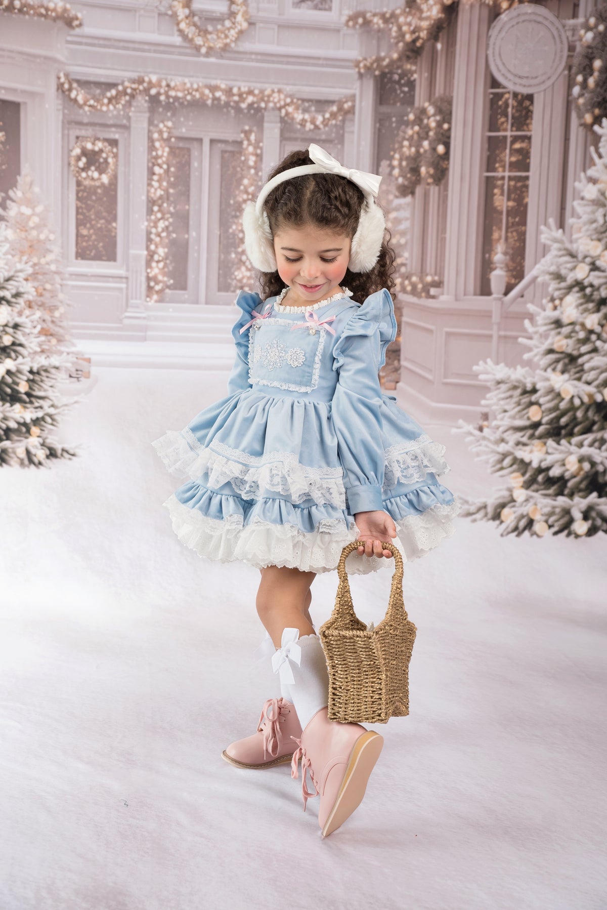 Nayeli's Winter Dreams Dress – Embroidered Boutique Girls Dress | Brushed Cotton Velvet Snowflake Lace Heirloom Style
