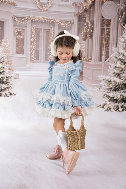 Nayeli's Winter Dreams Dress – Embroidered Boutique Girls Dress | Brushed Cotton Velvet Snowflake Lace Heirloom Style