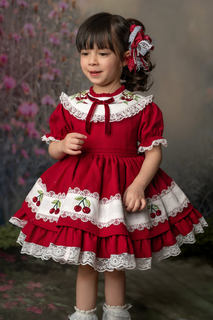 Douce Fleur de Cerisier – Robe de Fille en Coton Brodé Main d'Inspiration Vintage | Jupon en Dentelle à Volants Style Héritage
