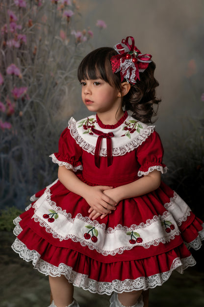 Douce Fleur de Cerisier – Robe de Fille en Coton Brodé Main d'Inspiration Vintage | Jupon en Dentelle à Volants Style Héritage