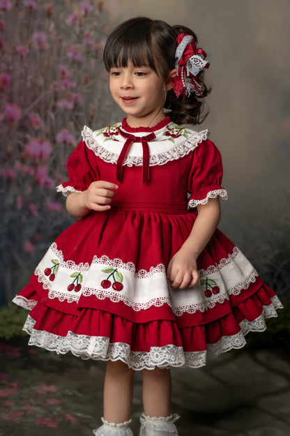 Douce Fleur de Cerisier – Robe de Fille en Coton Brodé Main d'Inspiration Vintage | Jupon en Dentelle à Volants Style Héritage